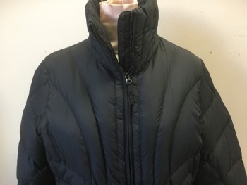 Womens, Coat, Winter, L.L.BEAN, Black, Nylon, Solid, L, Stand Collar, Zip Front, 2 Side Pckts, Quilted, Long