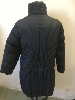 Womens, Coat, Winter, L.L.BEAN, Black, Nylon, Solid, L, Stand Collar, Zip Front, 2 Side Pckts, Quilted, Long