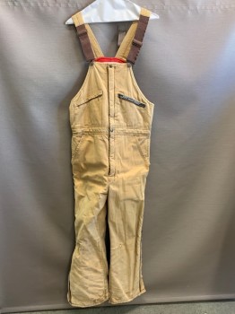 Mens, Overalls, KEY, Khaki Brown, Cotton, Nylon, M, Brown Elastic Stripes. Gold Meta Buckle for Adjusting, 2 Zip Pockets, 2 Slant Pockets, Red Lining, Zippers on Outer Sides of Pants, Stained Legs