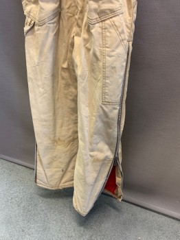 Mens, Overalls, KEY, Khaki Brown, Cotton, Nylon, M, Brown Elastic Stripes. Gold Meta Buckle for Adjusting, 2 Zip Pockets, 2 Slant Pockets, Red Lining, Zippers on Outer Sides of Pants, Stained Legs