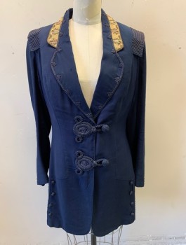 N/L, Navy Blue, Wool, Solid, 2 Crochet Buttons with Intricate Loop Closures, Notched Lapel with Ecru Panel with Embroidery, Navy Passementarie Trim at Shoulders and Cuffs,