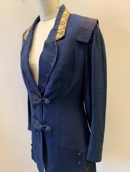 Womens, Jacket 1890s-1910s, N/L, Navy Blue, Wool, Solid, W:31, B:36, H:41, 2 Crochet Buttons with Intricate Loop Closures, Notched Lapel with Ecru Panel with Embroidery, Navy Passementarie Trim at Shoulders and Cuffs,