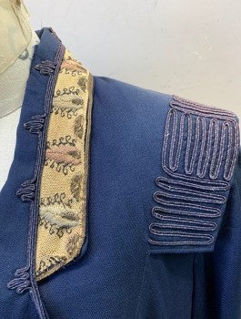 N/L, Navy Blue, Wool, Solid, 2 Crochet Buttons with Intricate Loop Closures, Notched Lapel with Ecru Panel with Embroidery, Navy Passementarie Trim at Shoulders and Cuffs,