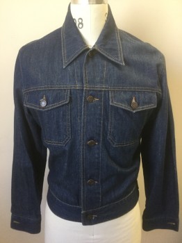 N/L, Denim Blue, Cotton, Solid, Medium Blue Denim, Long Sleeves, Button Front, Collar Attached, Brass Embossed Buttons, 2 Pockets with Button Closure