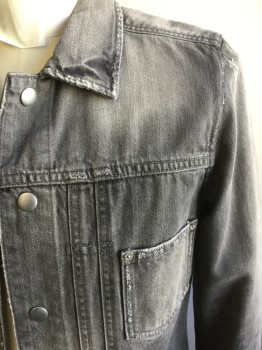 ALL SAINTS, Gray, Cotton, Solid, Snap Front, 1 Patch Pocket,  Aged/Distressed,  Beat Up Cuffs, Rectangle Elbow Patches