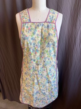Womens, Apron, N/L, Yellow, Steel Blue, Pink, Lime Green, Black, Cotton, Floral, O/S, Pinafore, Pale Yellow with Steel Blue,pink,lime,gray,blue Sky Floral Print ,Black Outline with Solid Orchid Purple Trim, 1 Pocket, 2 Snap Back, with Self Tie