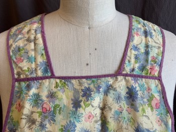 N/L, Yellow, Steel Blue, Pink, Lime Green, Black, Cotton, Floral, Pinafore, Pale Yellow with Steel Blue,pink,lime,gray,blue Sky Floral Print ,Black Outline with Solid Orchid Purple Trim, 1 Pocket, 2 Snap Back, with Self Tie