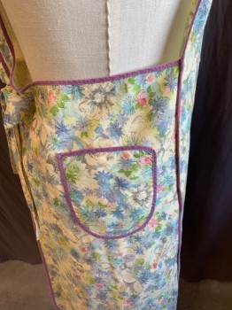 N/L, Yellow, Steel Blue, Pink, Lime Green, Black, Cotton, Floral, Pinafore, Pale Yellow with Steel Blue,pink,lime,gray,blue Sky Floral Print ,Black Outline with Solid Orchid Purple Trim, 1 Pocket, 2 Snap Back, with Self Tie