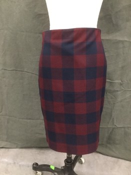 ANN TAYLOR, Dk Red, Navy Blue, Polyester, Rayon, Grid , Twill, No Waistband, Dart Back, Zip Center Back