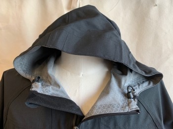 CARHARTT, Black, Gray, Nylon, Spandex, Solid, Solid Black with Gray Vertical Stripes & Diamond Print Lining, Hood Attached, Black Zip Front, 3 Pockets with Zipper, Raglan Long Sleeves with Velcro Closure **gray Stained on Left Arm**