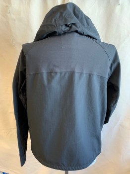 CARHARTT, Black, Gray, Nylon, Spandex, Solid, Solid Black with Gray Vertical Stripes & Diamond Print Lining, Hood Attached, Black Zip Front, 3 Pockets with Zipper, Raglan Long Sleeves with Velcro Closure **gray Stained on Left Arm**