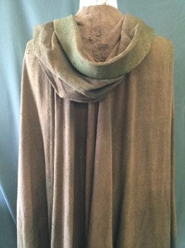 Unisex, Historical Fiction Cape, MTO, Brown, Silk, Solid, L, Hooded Mens Cape, 65" Nape to Hem. Hand Slits, Straps Attached to Back Neck to Keep in Place, Hood Has a Band of Horsehair for Body, Pretty Knotted Tassel Ties, Very Aged and Dirty, Bias, Full, Uneven Hem, Mysterious Wanderer