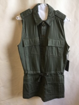FOREVER 21, Olive Green, Cotton, Herringbone, Stripes - Vertical , Collar Attached, Hidden Large Brass Button Front, Epaulettes, 4 Pockets Front with Flap and 2 Pockets Back,  Sleeveless, Self D-string Waist