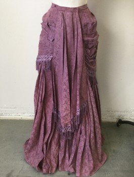 MTO, Dusty Lavender, Copper Metallic, Rayon, Polyester, Floral, UNDERSKIRT- Fitted Through Hip Then Fills Out with Pleats to Hem, Attached Bunting Drape Across Front with Pearl Studded Tassel Trim, Snap Back Closure