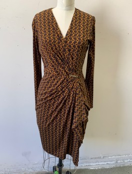 MICHAEL KORS, Dk Brown, Caramel Brown, Polyester, Spandex, Novelty Pattern, Gold Chain Pattern, Jersey, Long Sleeves, Wrap Dress Style with Surplice V-neck, Gold "Michael Kors" Embossed Buckle at Waist with Gathered Drape, Knee Length