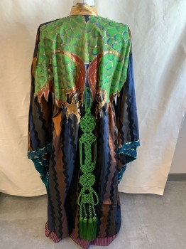Unisex, Historical Fiction Robe , MTO, Iridescent Blue, Copper Metallic, Iridescent Black, Green, Gold, Synthetic, Zig-Zag , Asian Inspired Theme, O/S, Bell Sleeves, Mandarin/Nehru Collar, Hook/Eye Closures Down Front, Gold Herringbone Stripes Band at Collar, Back of Bird Painted on the Back, Large Green Braided Cord Down Back with 4 Tassels, Copper, Bronze, Black, Blue Zigzag Stripes