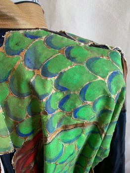 Unisex, Historical Fiction Robe , MTO, Iridescent Blue, Copper Metallic, Iridescent Black, Green, Gold, Synthetic, Zig-Zag , Asian Inspired Theme, O/S, Bell Sleeves, Mandarin/Nehru Collar, Hook/Eye Closures Down Front, Gold Herringbone Stripes Band at Collar, Back of Bird Painted on the Back, Large Green Braided Cord Down Back with 4 Tassels, Copper, Bronze, Black, Blue Zigzag Stripes