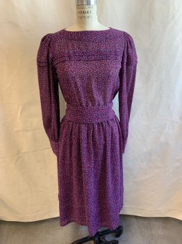 Womens, 1980s Vintage, Dress, CASHET, Purple, Hot Pink, Blue, White, Polyester, Abstract , W 24, B 36, Round Neck, Pleated Upper Bust, Long Sleeves, Elastic Waistband, 1 Button Back Neck, with Matching Belt