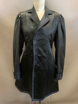 N/L, Black, Silk, Solid, Heavy Weight Satin, 3 Fabric Covered Buttons, Silk Ribbon Edge Top Stitch, Matching Collar and Cuffs, Buttons Hidden By Placket, Top Button Has Lots of Scaring Behind It. Has Small Repairs and Holes See Detail Photos, Newly Relined, Mourning