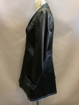 Womens, Jacket 1890s-1910s, N/L, Black, Silk, Solid, W 30, B 34, Heavy Weight Satin, 3 Fabric Covered Buttons, Silk Ribbon Edge Top Stitch, Matching Collar and Cuffs, Buttons Hidden By Placket, Top Button Has Lots of Scaring Behind It. Has Small Repairs and Holes See Detail Photos, Newly Relined, Mourning
