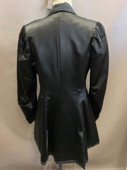 N/L, Black, Silk, Solid, Heavy Weight Satin, 3 Fabric Covered Buttons, Silk Ribbon Edge Top Stitch, Matching Collar and Cuffs, Buttons Hidden By Placket, Top Button Has Lots of Scaring Behind It. Has Small Repairs and Holes See Detail Photos, Newly Relined, Mourning