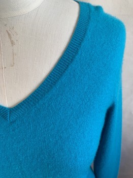 Womens, Pullover, HALOGEN, Turquoise Blue, Cashmere, Solid, S, Long Sleeves, V-neck