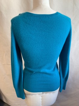 Womens, Pullover, HALOGEN, Turquoise Blue, Cashmere, Solid, S, Long Sleeves, V-neck
