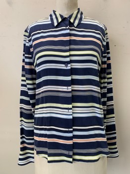 EQUIPMENT, Navy Blue, White, Multi-color, Silk, Stripes - Horizontal , Button Front, Collar Attached, Long Sleeves,