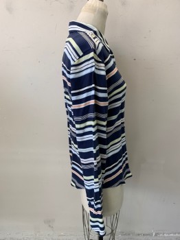 EQUIPMENT, Navy Blue, White, Multi-color, Silk, Stripes - Horizontal , Button Front, Collar Attached, Long Sleeves,