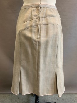 Womens, Skirt, Below Knee, MARC JACONS, Khaki Brown, White, Sand, Blue, Wool, Polyurethane, Glen Plaid, 4, Khaki Stitching Down Center & on Sides, 2 Inverted Pleats on Front & Back, Zip Side, Solid Beige Waistband