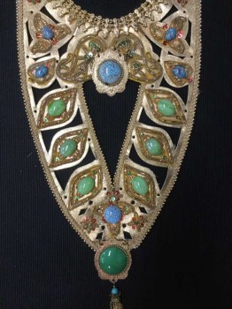 Unisex, Historical Fiction Collar, N/L, Gold, Turquoise Blue, Green, Red, Leather, Metallic/Metal, Floral, Novelty Pattern, (QUAD)  Gold Leather with Gold Beads,red Sequins, Turquoise,green Stones Detail Work,  Chain Link Closure,