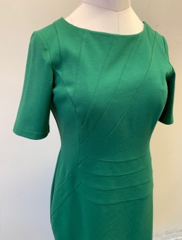 Womens, Dress, Short Sleeve, ELLEN TRACY, Green, Polyester, Rayon, Solid, Sz10, Double Knit Jersey, Round Neck, Stretchy Body-con Dress with Geometric Seams, Hem Above Knee, Gold Exposed Zipper in Back