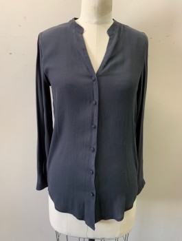 H&M, Dk Gray, Polyester, Solid, Band Collar, V-neck, Button Front, Long Sleeves