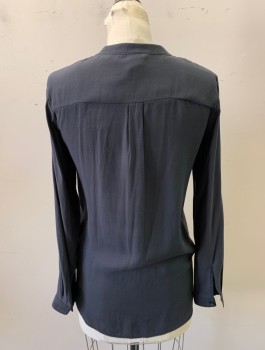 H&M, Dk Gray, Polyester, Solid, Band Collar, V-neck, Button Front, Long Sleeves