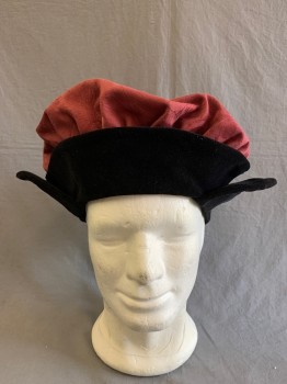 Mens, Historical Fiction Hat , MTO, Raspberry Pink, Black, Cotton, Floral, 23", Floppy Hat, with Black Flaps, Pleated,