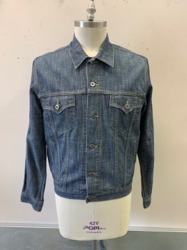 LEVI'S, Denim Blue, Cotton, C.A., Button Front, L/S, 2 Breast Pockets, 2 Side Pockets, Yellow & Tan Stitching