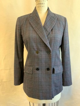 Womens, Blazer, SANDRO, Dk Gray, Dk Red, Black, Wool, Polyester, Glen Plaid, 6, Double Breasted, Collar Attached, Peaked Lapel, 2 Pockets