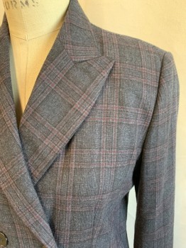 Womens, Blazer, SANDRO, Dk Gray, Dk Red, Black, Wool, Polyester, Glen Plaid, 6, Double Breasted, Collar Attached, Peaked Lapel, 2 Pockets