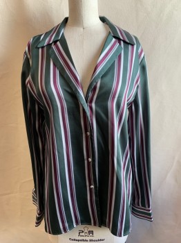 ALEXIS, Forest Green, Aubergine Purple, Gray, White, Silk, Stripes - Vertical , Button Front, Collar Attached, Notched Lapel, Long Sleeves, Button Cuff
