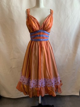 Womens, Cocktail Dress, N/L, Orange, Dk Orange, Purple, Pink, Silk, Stripes, Floral, W23, B34, V-neck, Sleeveless, Zip Back, 3 Purple Strips with Purple Rhinestones, Pink Floral Appliques By Hem with Small Pink Beads