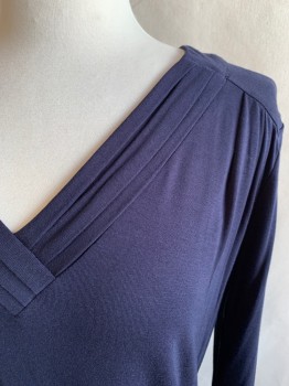 ARABELLA, Navy Blue, Rayon, Spandex, Solid, Pleated V-neck, Pleated at Shoulder Seams, 3/4 Sleeve