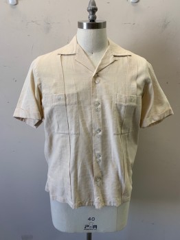 Mens, Casual Shirt, VAL DESCO, Cream, White, Poly/Cotton, Plaid-  Windowpane, L, Short Sleeves, Button Front, 10+ Buttons, 2 Chest Pockets with Buttons, Box Pleats on Front, Inverted Pleat on Back, Side Vents, Slubs
