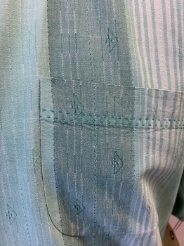 TOMMY BAHAMA, Mint Green, Ice Green, Sea Foam Green, Silk, Stripes - Vertical , Embroidered Textured Stripe, Short Sleeves, Button Front, Collar Attached, 1 Pocket,