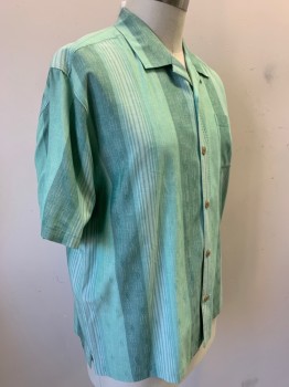 TOMMY BAHAMA, Mint Green, Ice Green, Sea Foam Green, Silk, Stripes - Vertical , Embroidered Textured Stripe, Short Sleeves, Button Front, Collar Attached, 1 Pocket,