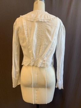 Womens, Blouse 1890s-1910s, MTO, White, Cotton, Solid, W31, B36, Puritan Collar, Collar Semi-detaches on Left Side, Long Sleeves, Pullover, Buttons Down Left Side, Tie Back, Lace at Collar, Eyelet Lace, *Stain Center Front*