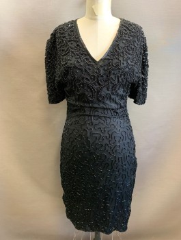 Womens, Cocktail Dress, RIGHT CHOICE, Black, Iridescent Black, Silk, Beaded, Swirl , W:26, B:34, H:35, Chiffon Covered in Swirled Lines of Beads, Short Sleeves, V-neck, Hem Above Knee, Open at Back Shoulders, Zipper at Center Back Waist,