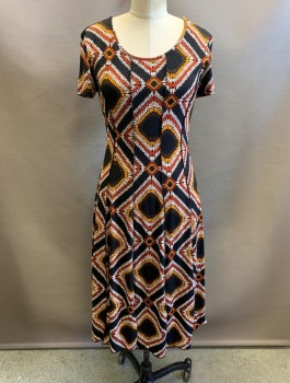 SAMI & JO, Black, Rust Orange, Beige, Mustard Yellow, Polyester, Spandex, Abstract , Diamonds, Stretch Fabric, In Vertical Panels, Scoop Neck, A-Line, Knee Length