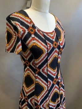 SAMI & JO, Black, Rust Orange, Beige, Mustard Yellow, Polyester, Spandex, Abstract , Diamonds, Stretch Fabric, In Vertical Panels, Scoop Neck, A-Line, Knee Length