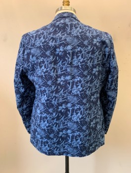 IZOD, Navy Blue, Lt Blue, Linen, Cotton, Floral, Leaves/Vines , Notched Lapel, Single Breasted, Button Front, 2 Buttons, 3 Pockets
