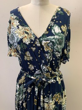 SUZANNE BETRO, Navy Blue, White, Green, Yellow, Polyester, Floral, V Neck, Crossover, Elastic Waist Band, **with Matching Belt